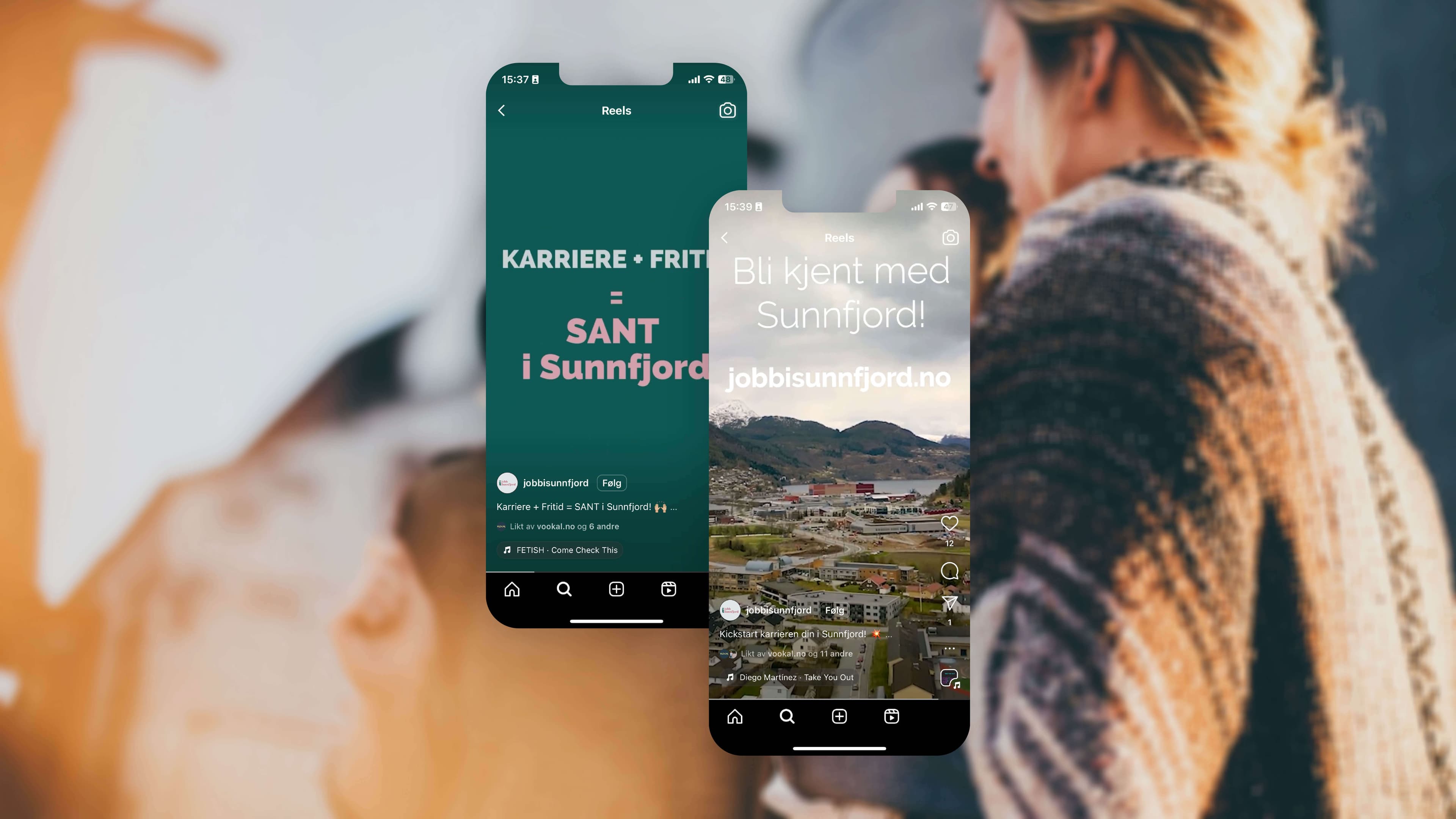 To mobilskjermar med innhald frå kampanjen Jobb i Sunnfjord